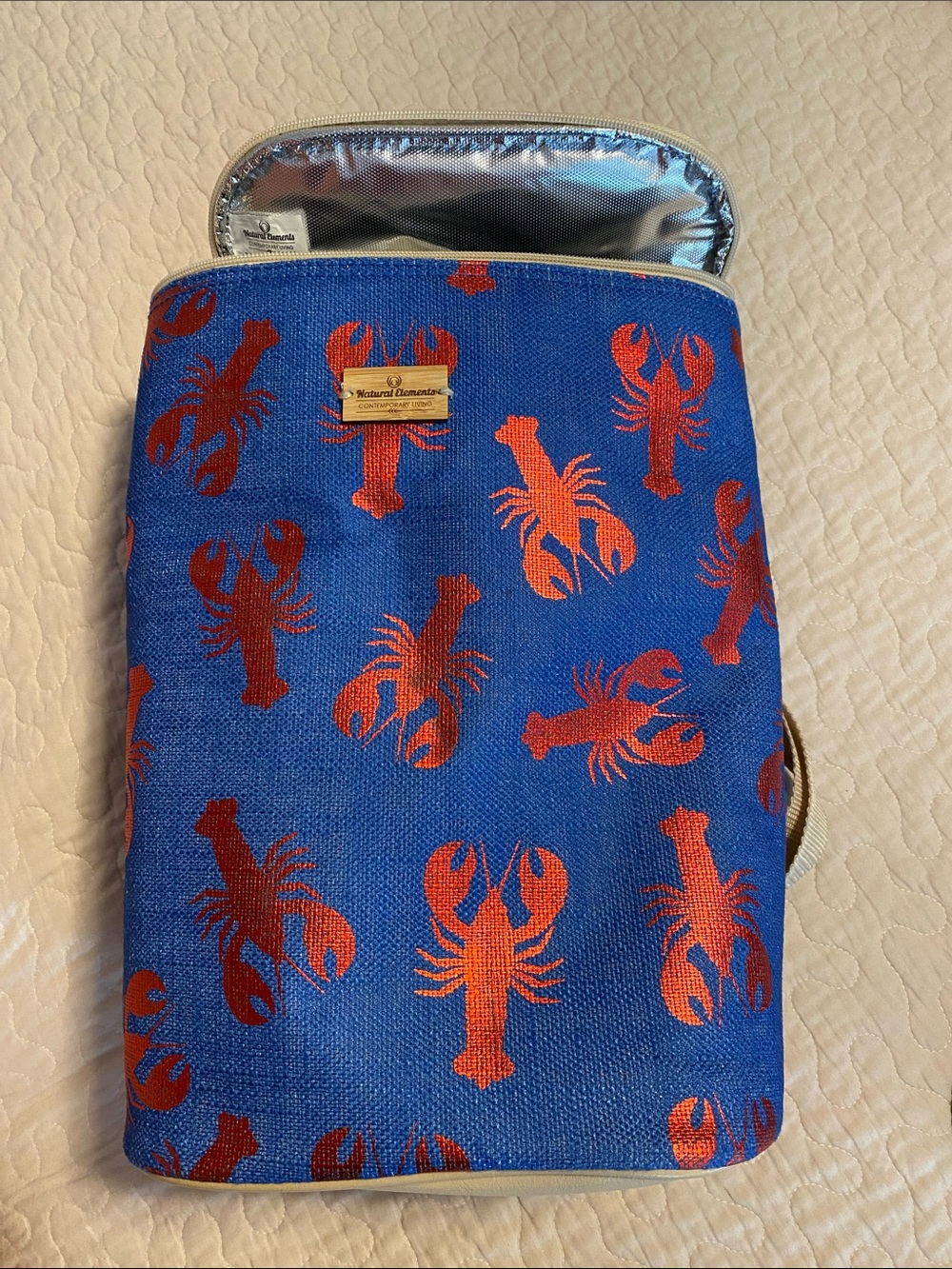 Natural Elements Blue wine Tote with Red Lobster Print